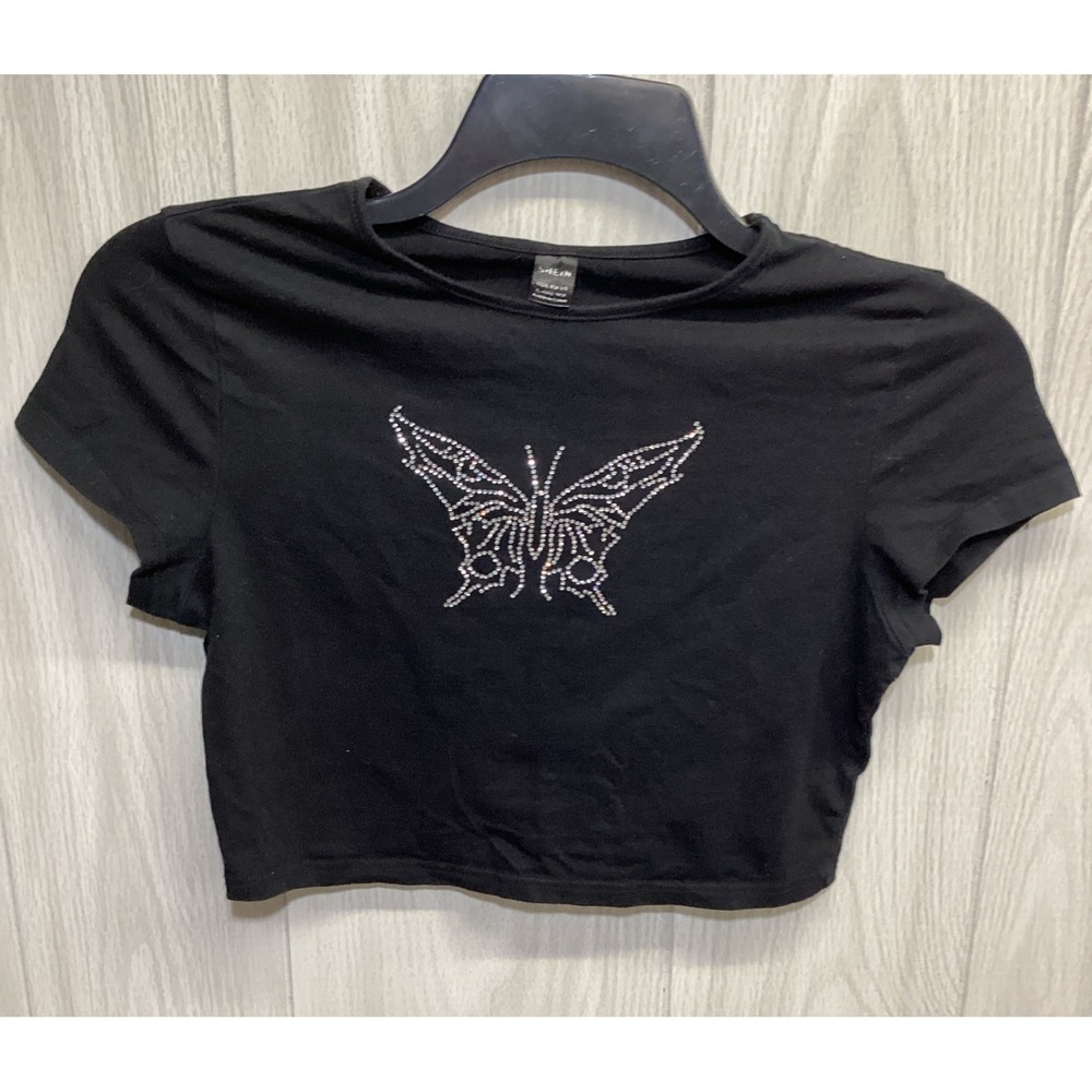 SHEIN Women's (Size L) Cropped T-Shirt Crew Neck Short Sleeve Butterfly